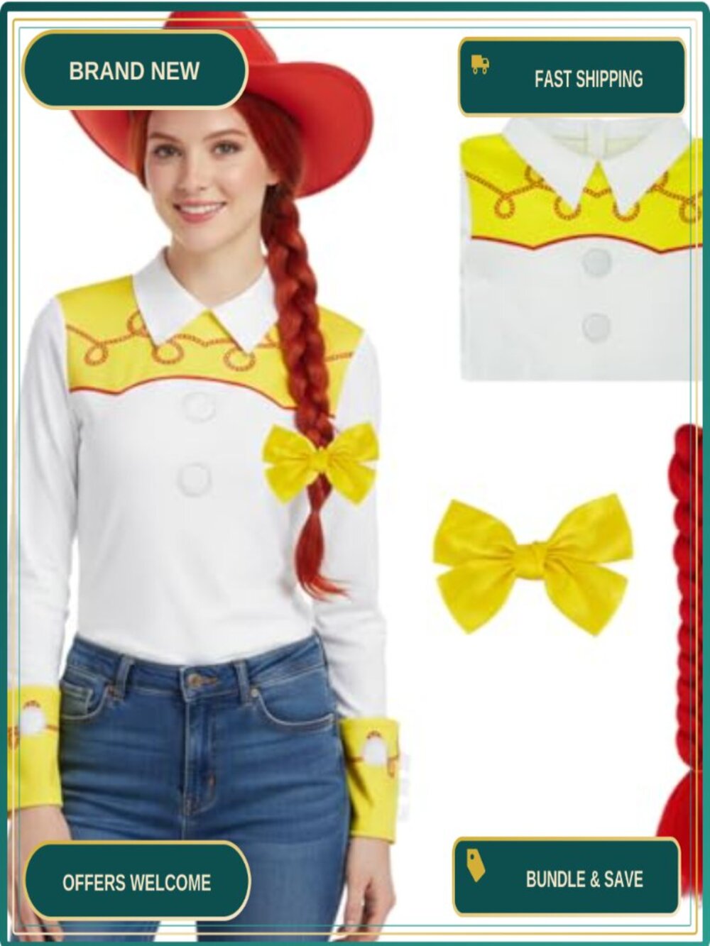 PAINEOMN Jessie Cowgirl Costume T-Shirt with Wig Braid Bowknot, Polyester,